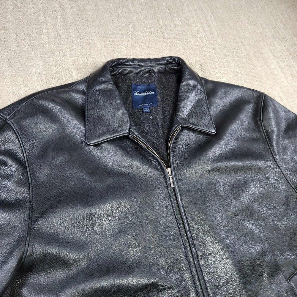 Brooks Brothers Leather Jacket Men XL Black Bomber Wool Blanket Lined Heavy
